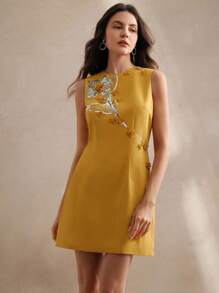 Anewsta Luxury Sleeveless Yellow Heavily Sequins & Embroidered Floral Dress For Women, Spring/Summer Outfit - Yellow - View 5