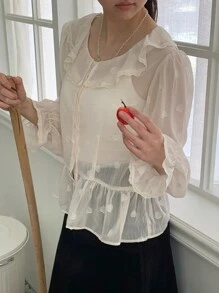 DAZY 女士透明网眼撞色蕾丝荷叶边领长袖衬衫，春夏精致蕾丝可爱上衣，秋季女装