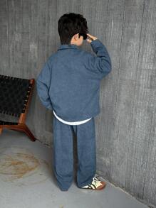 SHEIN Set de 2 piezas para niños y preadolescentes con camisa cardigan de manga larga con solapa de estilo coreano informal y pantalones rectos de pana, apropiado para la escuela, el jardín, la playa, el uso en cumpleaños, primavera, verano, otoño e invierno