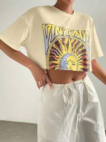 SHEIN EZwear 女士圆领短袖印花休闲衬衫，日常穿着