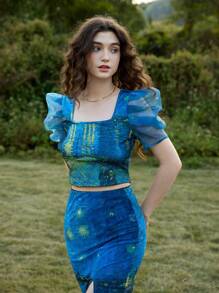 SHEIN MOD Artistic Series, Van Gogh "Starry Night Over The Rhône" Print Shirt, Retro Vintage - Blue - View 6