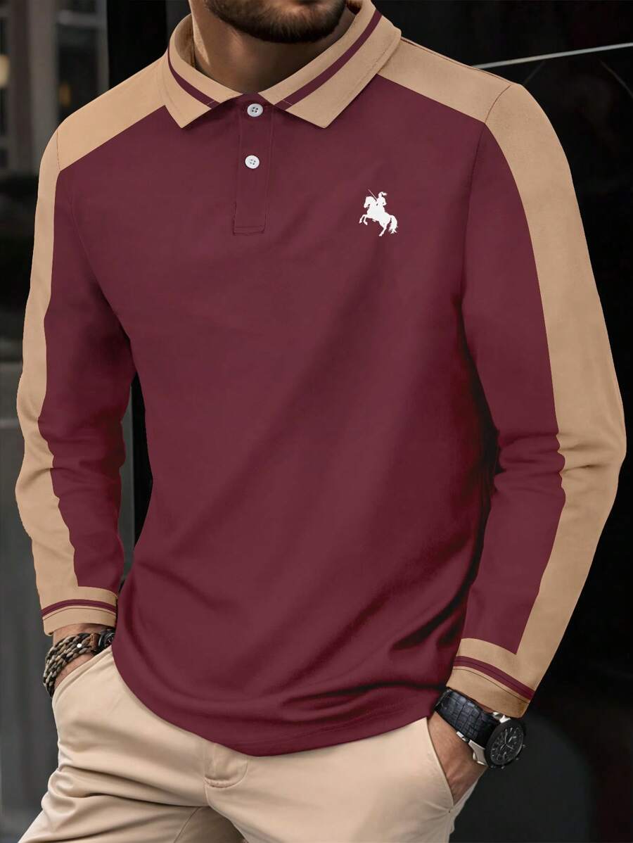 Manfinity Dauomo Áo thun polo tay dài họa tiết hiệp sĩ mùa thu cho nam màu tương phản - Nhiều màu - Xem 1