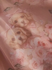 SHEIN MOD 大码卡其色小狗和粉色花卉印花泡泡袖芭蕾舞裙配领结装饰 - 彩色 - 查看 4