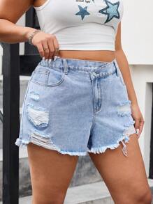 SHEIN EZwear Plus Size Women Asymmetrical Fringed Waist Denim Shorts - Light Wash - View 4