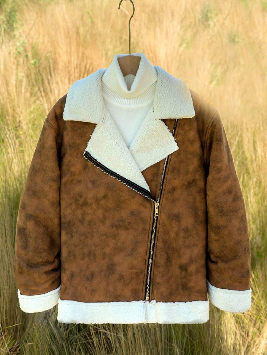 SHEIN Tween-Jungen Lässige Jacke mit Reißverschluss im koreanischen Stil aus Wildlederimitat und Plüschfutter, warm - Kaffeebraun - Übersicht 1