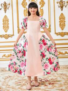 SHEIN Leap Crew Tween Girls Elegant Floral Print Color Block Puff Sleeve Dress - Multicolor - View 4