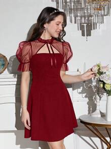 SHEIN Girlism Teen Girls' Red Knit Patchwork Sheer Mesh Ruffle Collar Bow Lantern Sleeve Burgundy Dress, New Year Clothes, Valentine's Day