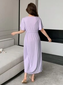 DAZY Solid Color Lace Patchwork Cinched Waist Women Casual Dress Loungewear Pajama - Purple - View 2