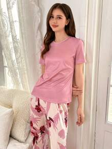 2 件套青少年女孩睡衣，粉色简约时尚纯色衬衫和印花裤家居服套装