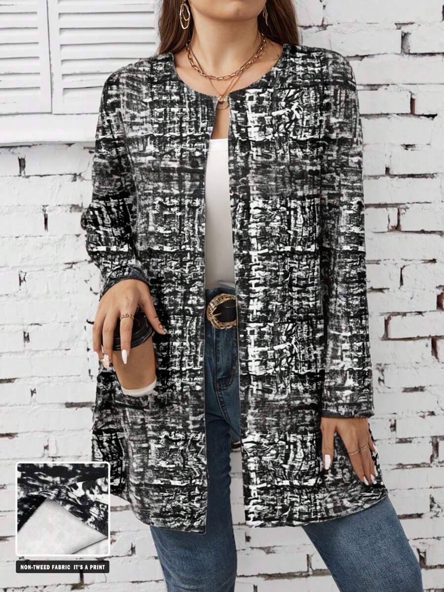EMERY ROSE Áo khoác cardigan dáng rộng thoải mái, áo khoác nhẹ thanh lịch, cỡ lớn - Đen và trắng - Xem 1