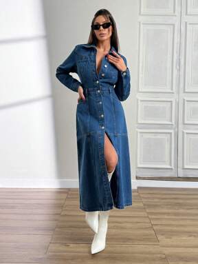 Damen Lange Denim-Jumpsuit mit Knopfverschluss, Taschen und Langarm im minimalistischen Stil