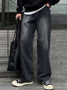 DAZY 男士宽松口袋休闲牛仔裤，简约设计 - 藍色 - 查看 1