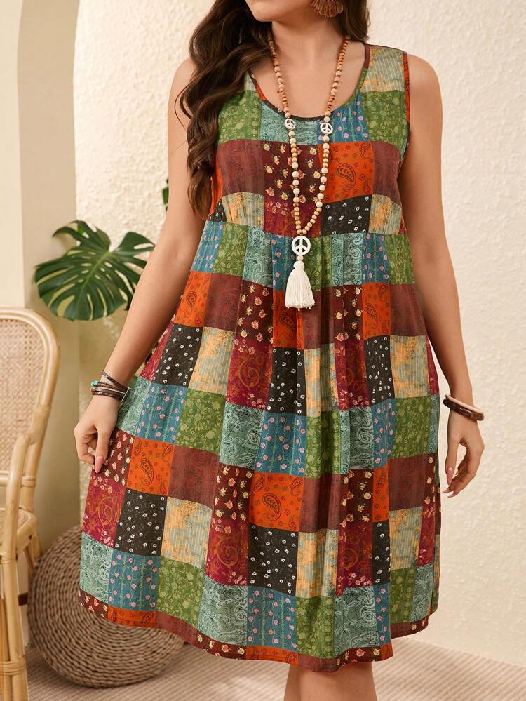 Plus Size Leisure Patchwork Printed Sleeveless Dress,Boho For Women/Summer,Western Wear Women,Vacation Outfits Woman,Spring
