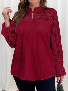 SHEIN Clasi Plus Size Solid Color Front Tie Long Sleeve Simple Casual Shirt, Everyday Wear - Burgundy - View 3