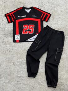 SHEIN Tween Boy Loose Fit Sports Graphics V-Neck Short Sleeve T-Shirt And Cargo Jogger Pants 2 Pieces Set - Multicolor - View 1