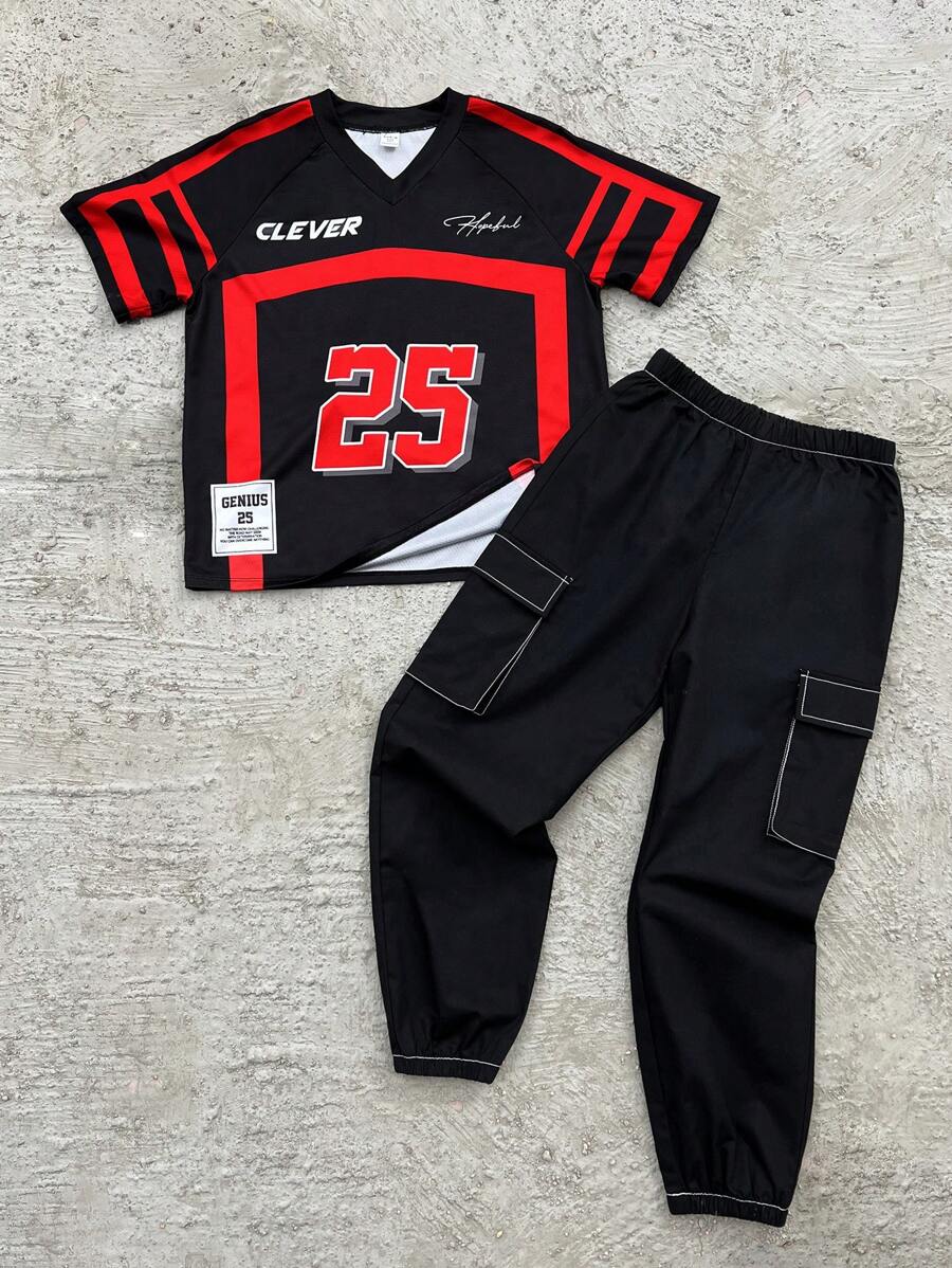 SHEIN Tween Boy Loose Fit Sports Graphics V-Neck Short Sleeve T-Shirt And Cargo Jogger Pants 2 Pieces Set - Multicolor - View 1