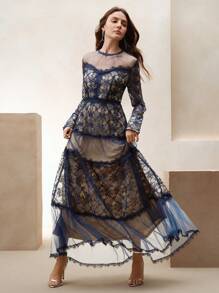 Anewsta Sheer Mesh Contrast Lace Hollow Embroidered Mesh A-Line Dress With Waist Design, Princess Style - Blue - View 5