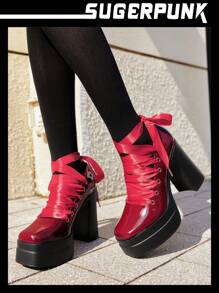 Sugerpunk Satin Ribbon Pointy Toe Patent Leather Platform Pumps, Punk Style Suitable For Daily, Campus, Street, Party Wear - Burgundy - View 4