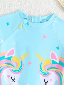 年轻女孩卡通印花圆领无袖连体泳衣，简约修身 - 彩色 - 查看 3