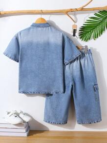 Tween Boys 2 Pieces Denim Set: Washed Light Blue Loose Fit Pocket Decor Short Sleeve Top Paired With Loose Straight Leg Denim Shorts, Fashionable Street Style Denim Outfit - Medium Wash - View 2