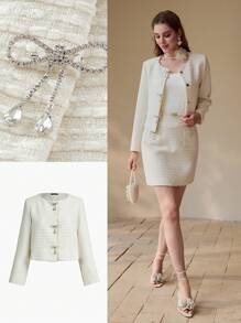 MOTF PREMIUM TEXTURED RHINESTONE BOW DECOR BOXY JACKET - White - View 2