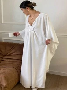 Dazy Plus 深 V 领长袖大码长袍，白色，四季皆宜 - 白色 - 查看 1
