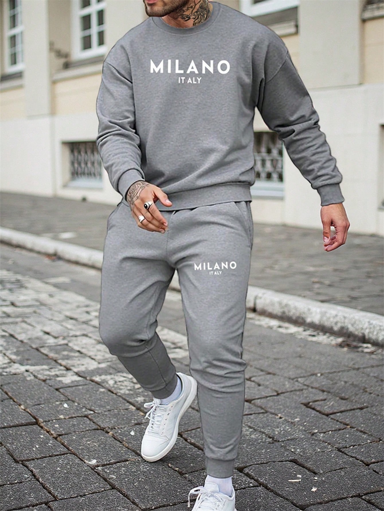 Manfinity Dauomo Men's Crew Neck Long Sleeve Letter Print Casual Top And Pants Set