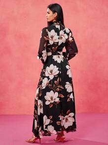 Oxana Vestito lungo elegante con maniche a lanterna, collo a lupetto, stampa floreale bohémien nera in chiffon, adatto per vacanze, primavera, matrimoni, festival, concerti, Ibiza e balli - Multicolore - Visualizzare 2