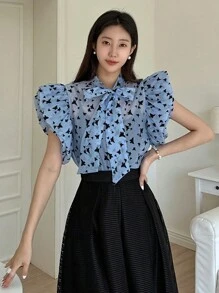 DAZY 女式超大蝴蝶结植绒领带袖口衬衫，Holidaya 花朵度假海滩衬衫，适合春夏季