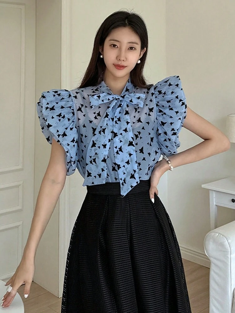 Women's Oversized Bowknot Flocked Tie Cuff Shirt, Holidaya Flower Vacation Beach Blouse For Spring/Summer Floral