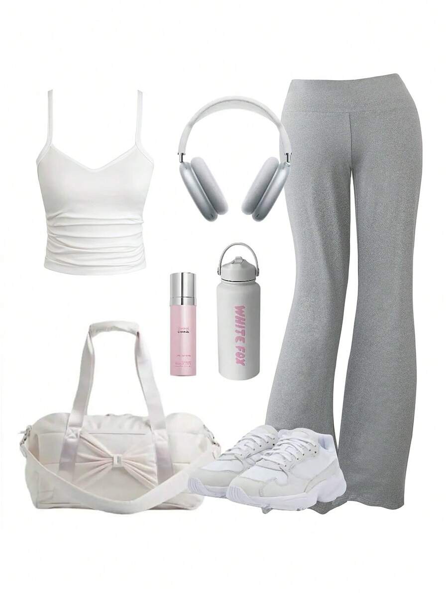 Flirla 2pcs Plus Size Casual Grey Flared Pants And Tank Top Set - Multicolor - View 1