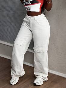 SHEIN Slayr 女士纯色纽扣前口袋简约休闲直筒工装裤 - 白色 - 查看 5