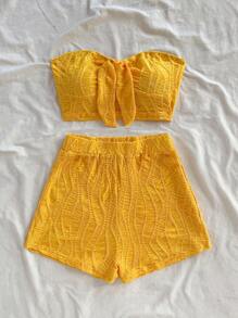 Soleia Bộ 2 món áo crop top buộc dây và quần short cạp cao đi nghỉ, vải có họa tiết, thích hợp cho kỳ nghỉ, lễ hội âm nhạc, phong cách Bohemian, ngày lễ, trà chiều ngày lễ tình nhân - Màu vàng - Xem 6