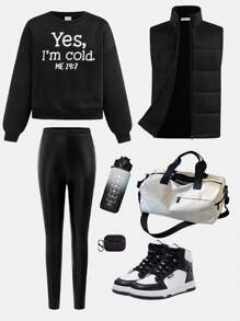 SHEIN Tween-Mädchen 3-teiliges Set Locker sitzendes Sweatshirt mit Rundhalsausschnitt und Buchstabengrafik, Hose aus PU-Leder und dicke Weste mit Stehkragen, lässig und warm - Schwarz - Übersicht 1