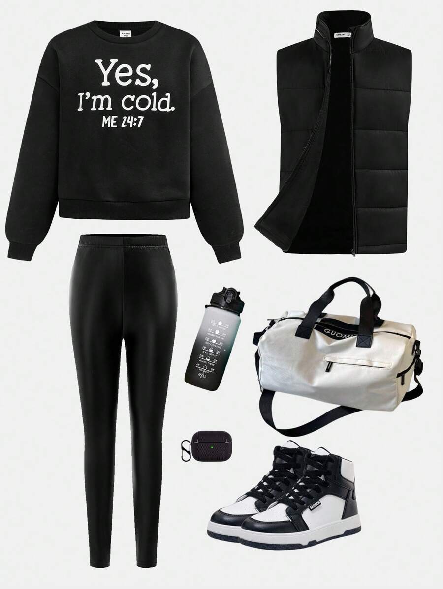 SHEIN Tween-Mädchen 3-teiliges Set Locker sitzendes Sweatshirt mit Rundhalsausschnitt und Buchstabengrafik, Hose aus PU-Leder und dicke Weste mit Stehkragen, lässig und warm - Schwarz - Übersicht 1
