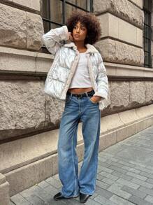 SHEIN EZwear Women's Silver Plush Casual Jacket, Simple & Fashionable For Daily Wear In Winter - Silver - View 3