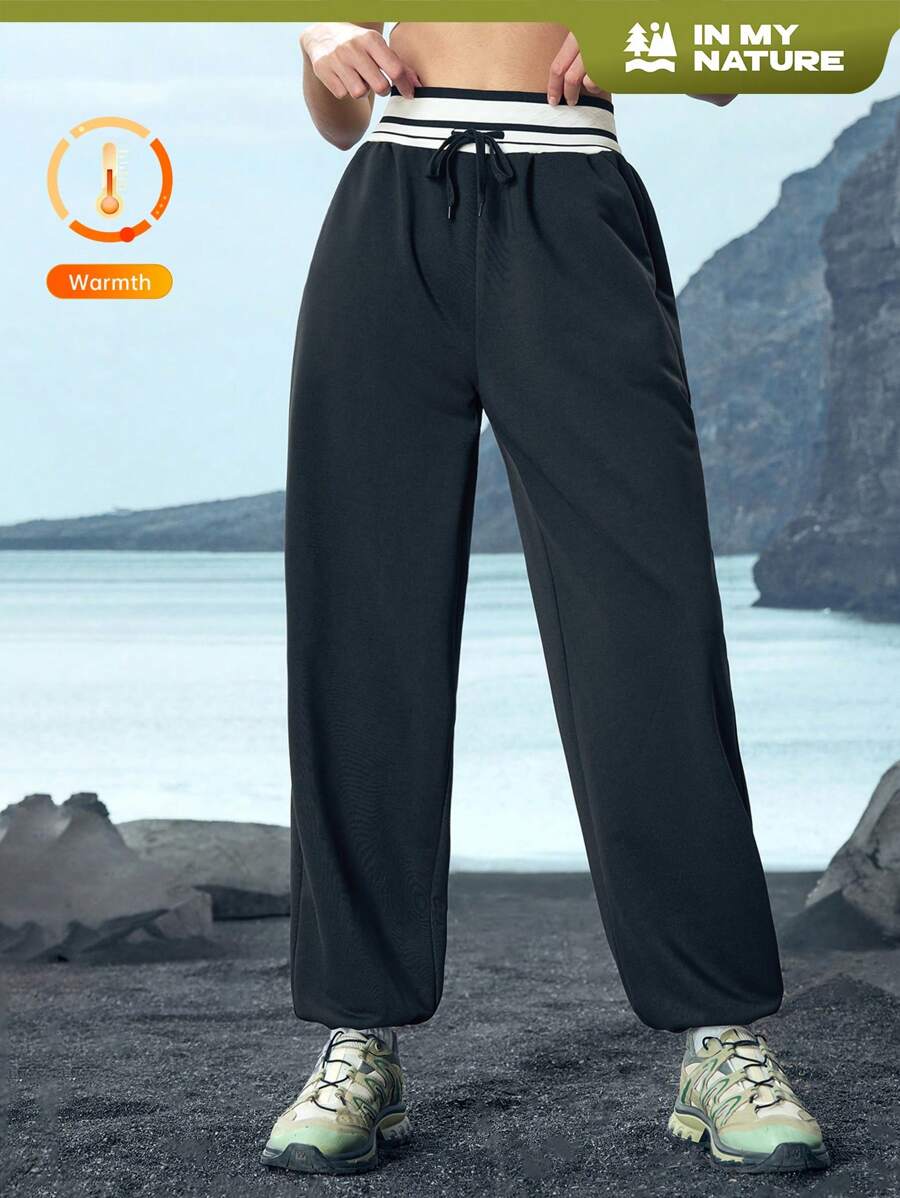 In My Nature Damen einfarbige Patchwork Schnürung mit Tasche Einfache Lässig Outdoor Hose - Schwarz - Übersicht 1