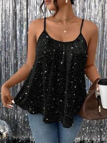 SHEIN Frenchy Camiseta de tirantes finos brillante, elegante y sencilla para mujer de talla grande, adecuada para el verano