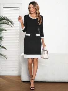 EMERY ROSE Vestido mini casual de manga 3/4 ajustado con empalme de contraste blanco y negro para mujeres, primavera y verano