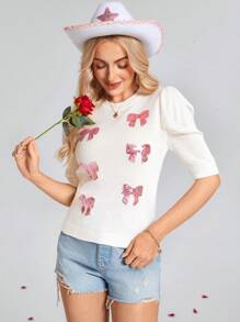 SHEIN LUNE Áo len ngày lễ tình nhân kiểu phương Tây dành cho nữ, áo len ngày lễ tình nhân mùa xuân, áo len trắng lãng mạn, tay bồng, đính sequin hồng và nơ, dành cho ngày lễ tình nhân - trắng - Xem 3