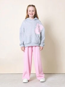 SUMWON Cozy Oversized Youth Sports Hoodie With Pink Applique Logo Patch Winter Fall Casual Athletic Sweatshirt Wear Streetwear - Grey - View 4