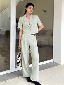 DAZY Bộ quần áo công sở nữ màu trơn, dáng rộng, ống đứng và vest. - Màu xanh Bạc hà - Xem 6