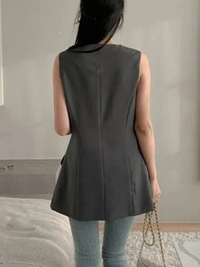 DAZY 女士无袖纽扣简约修身马甲外套，休闲日常穿着女士西装外套商务装 - 灰色 - 查看 5