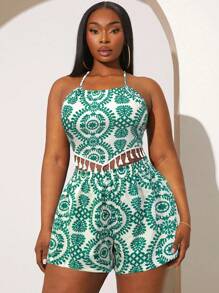 SHEIN SXY 大码 2 件套 无袖 全身印花 流苏下摆 休闲上衣和短裤