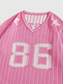 ROMWE MEN Prep 男士复古圆领运动数字印花短袖针织上衣 - 粉色 - 查看 4