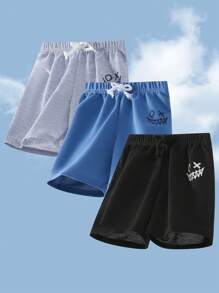 3pcs/Set Young Boys' Casual Vacation School Style Cute Smiling Face Graphic Print Loose Fit Knitted Shorts Set, 3 Colors