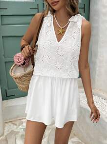 SHEIN VCAY Women's Deep V-Neck Bow Decor Tie Front Casual Vacation Textured Shirt