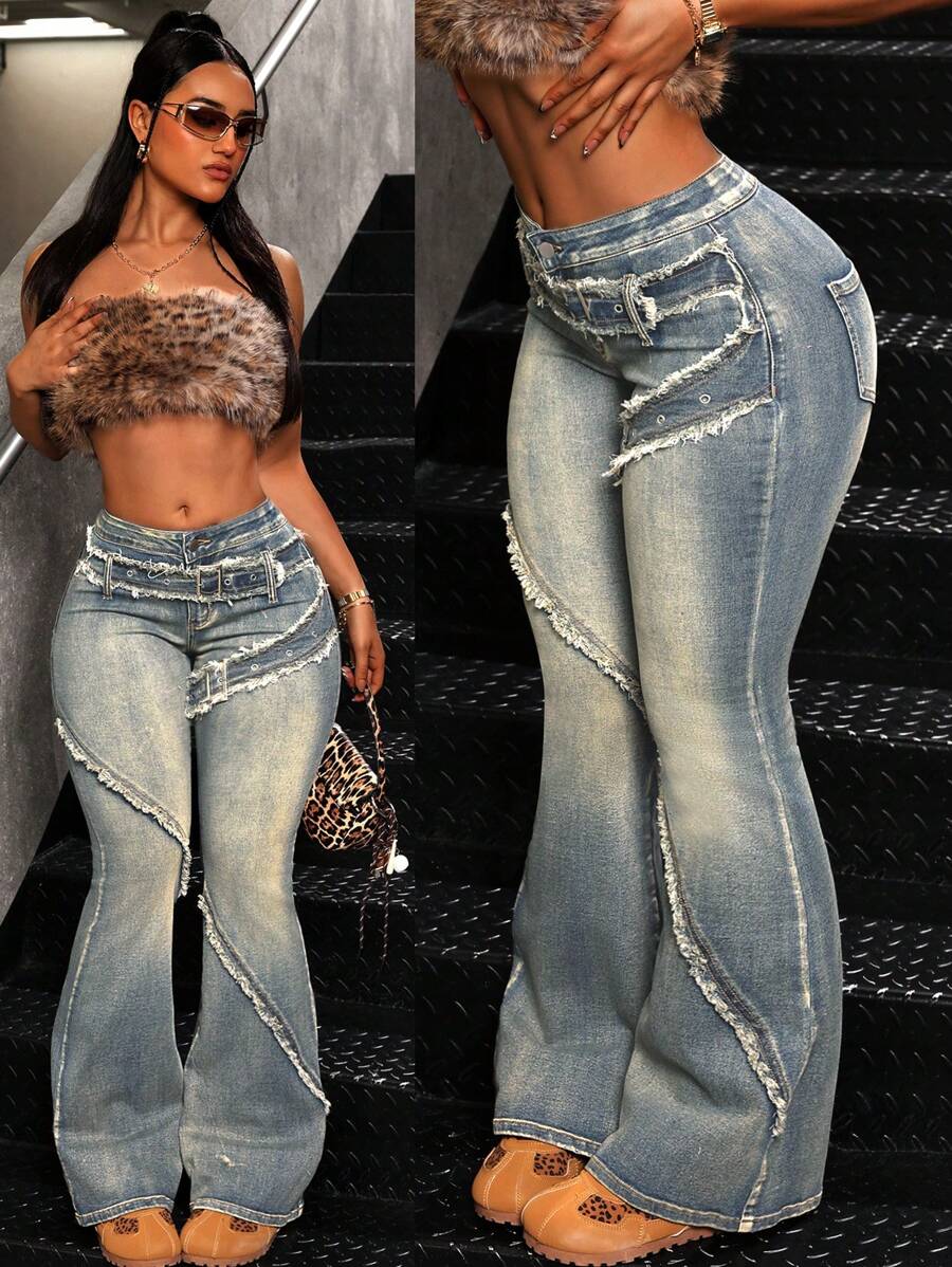 SHEIN ICON Quần jeans ống loe viền tua rua thiết kế khóa lỗ cho nữ - Rửa nhẹ - Xem 1