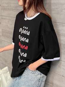 FRIFUL Women's Round Neck Letter Print Contrast Color Loose T-Shirt,Graphic Tees - Black - View 6