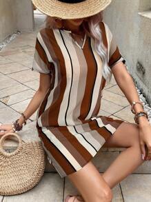 SHEIN LUNE Váy ngắn không tay cổ xẻ sọc nhiều màu sắc giản dị dành cho nữ - Cà phê nâu - Xem 5